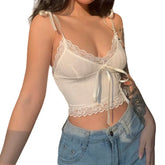 Lace Trim Bow Mini Knitted Basic Crop Top